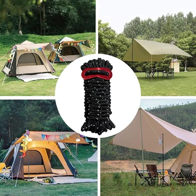 10 Pack 4mm Outdoor Guy Lines Tent Cords Reflective Canopy Wind Rope Lightweight Camping Rope with Aluminum Guylines Adjuster for Tent Tarp, Canopy Shelter, Camping, Hiking, Backpacking Black