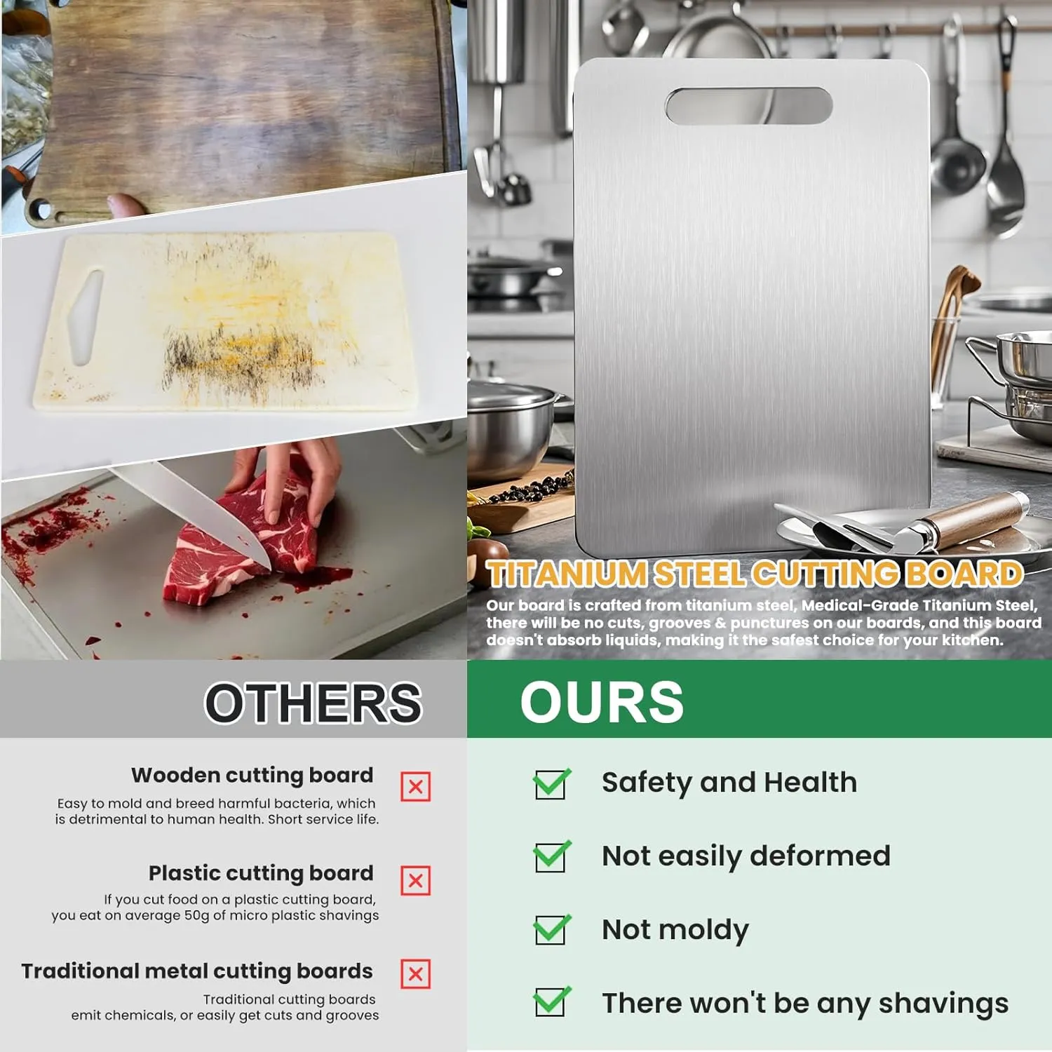 100% Pure Titanium Cutting Board - 15x11 Inch Non-Slip Kitchen Chopping Board, Dishwasher Safe, Scratch Resistant, Easy to Clean, Durable & Hygienic for Meat, Vegetables, and Fruits