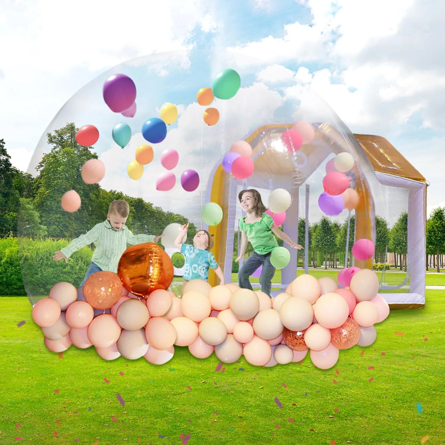 10FT Clear PVC Inflatable Bubble House Dome Tent with Tunnel - Bubble House Dome Inflatable, Ideal for Fun Events and Parties, Durable Inflatable Bubble House, Easy Setup (Golden, 10FT)