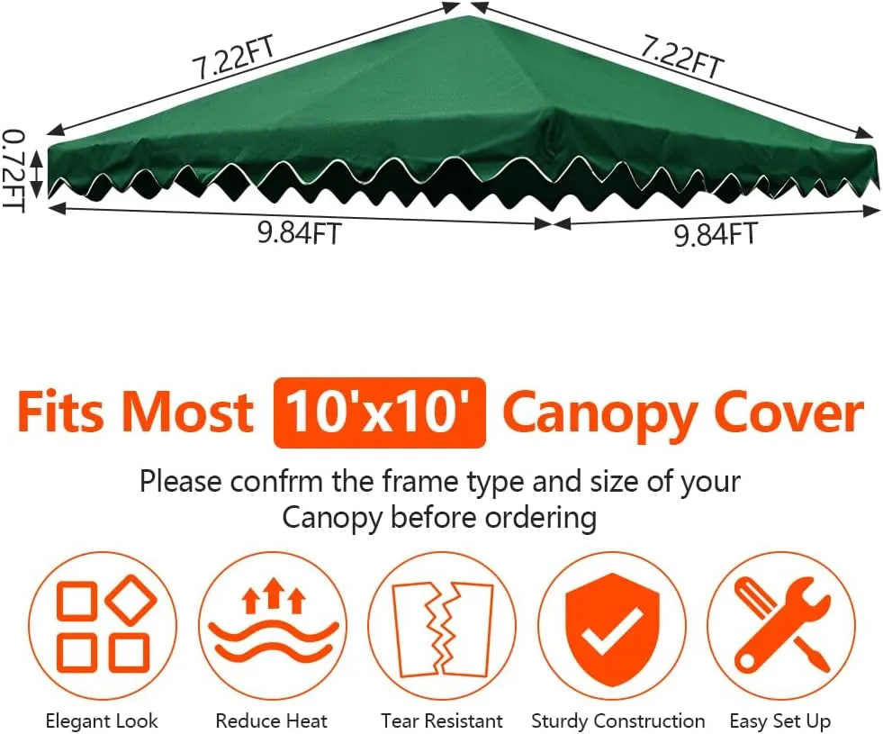 10'x10' Gazebo Canopy Replacement Top, Heavy-Duty Outdoor Waterproof Patio Cover, UV-Resistant Sun Shade Shelter for Deck, Garden, Backyard, BBQ Grill（Wavy Edge）