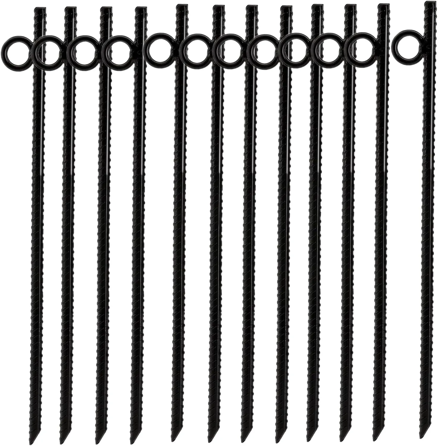 12 Pack 16 Inch Ground Stakes Heavy Duty, Black Steel Ground Anchors with Loop, Reusable Tent Rebar Tent Stakes for Sheds Outdoor Camping Walkway Fence