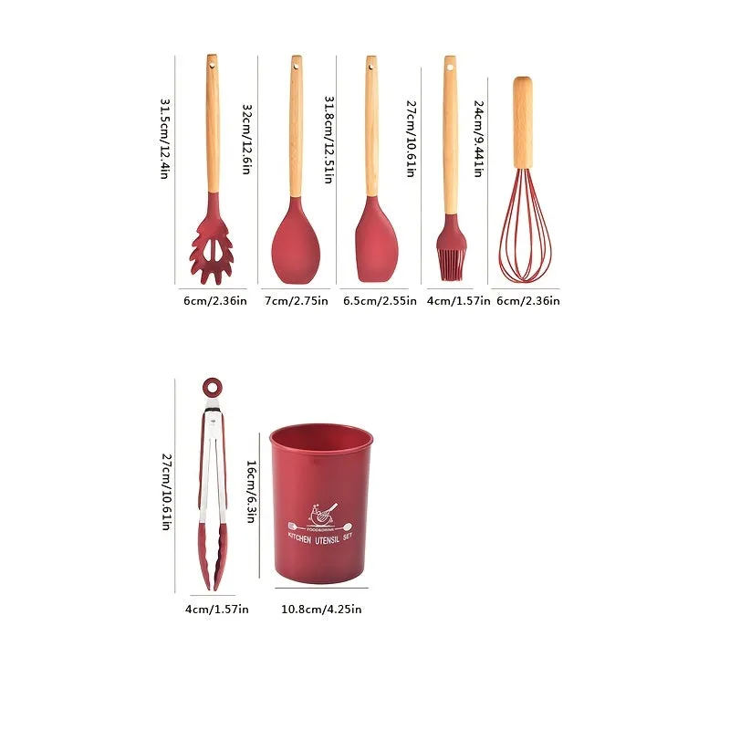 12-Piece Wooden Handle Silicone Kitchenware Set