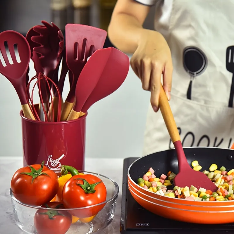 12-Piece Wooden Handle Silicone Kitchenware Set