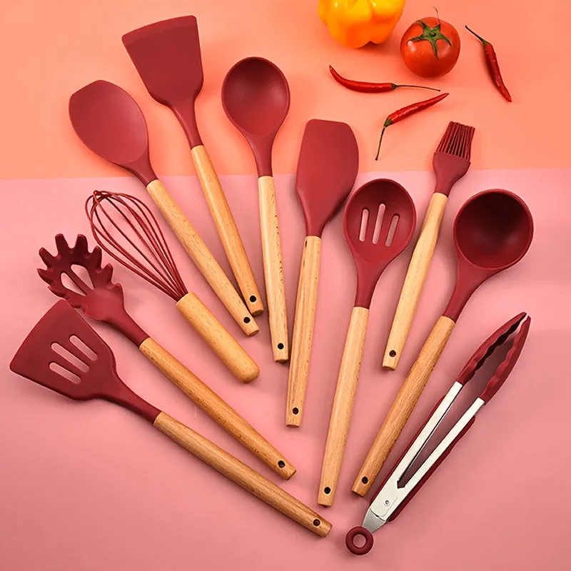 12-Piece Wooden Handle Silicone Kitchenware Set