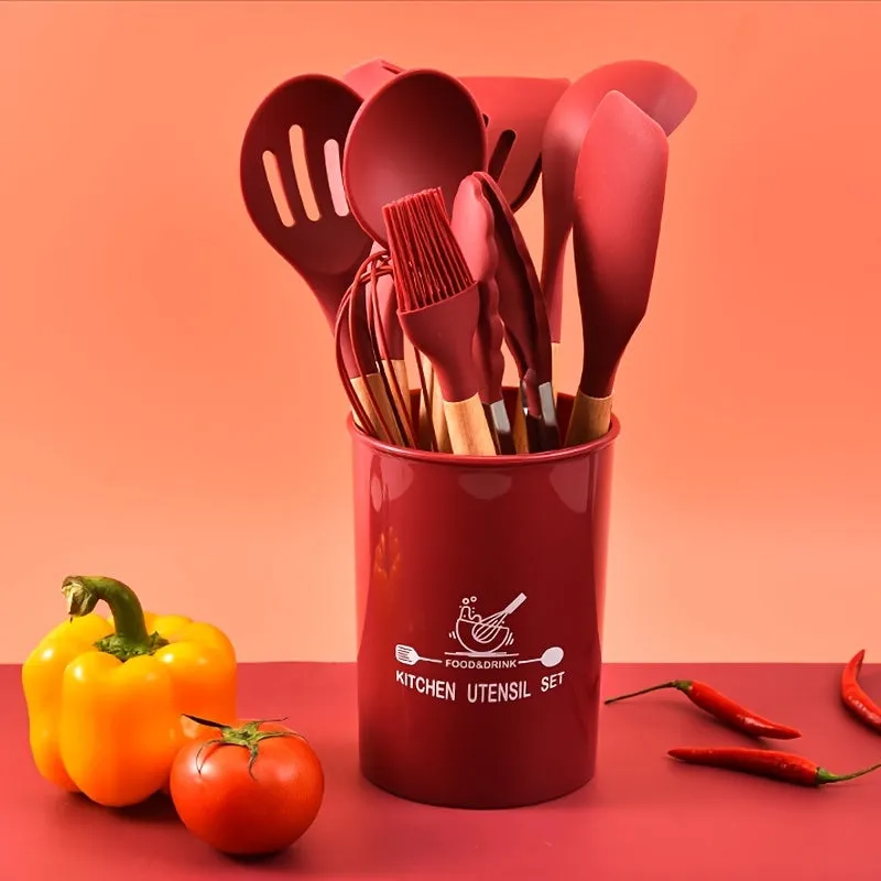 12-Piece Wooden Handle Silicone Kitchenware Set