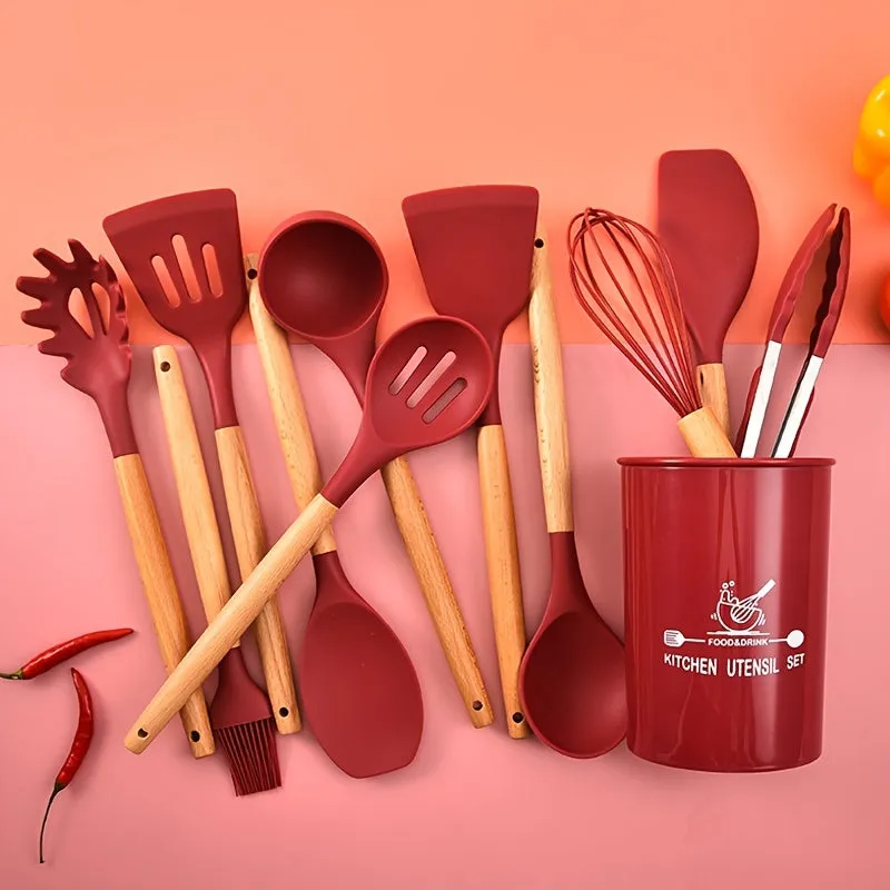 12-Piece Wooden Handle Silicone Kitchenware Set
