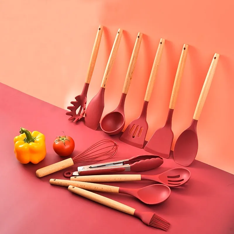 12-Piece Wooden Handle Silicone Kitchenware Set