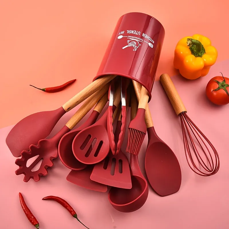 12-Piece Wooden Handle Silicone Kitchenware Set