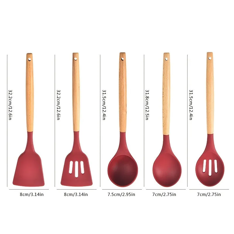 12-Piece Wooden Handle Silicone Kitchenware Set