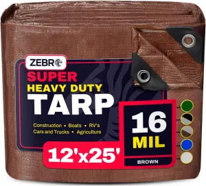 12' x 25' Brown Heavy Duty Tarp with Grommets Reinforced - 16 Mil Thick - Double Sided Plastic Tarps Waterproof - Large Tarpaulin Cover for Outdoor Camping Over/Under Tent Tarp RV Roof Rain - Zebro