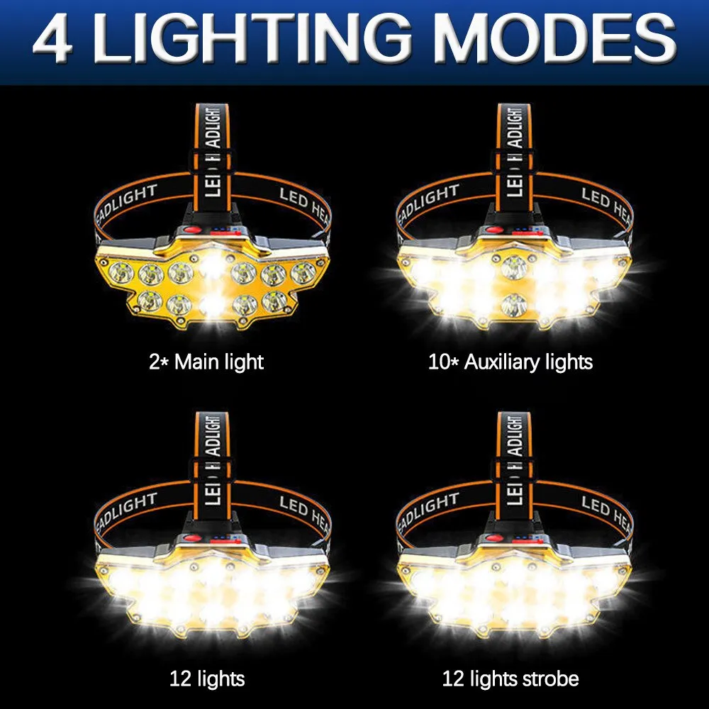 12LED 100000LM Headlamp USB Rechargeable P90 LED Long Shoot 4 Modes Bike Head Torch Flashlight Waterproof Camping Fishing