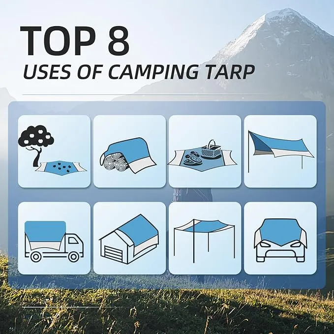 12X14FT Camping Tarp with 2 Poles, UV UPF50  Lightweight Car Awning Sun Shelter, PU3000 Waterproof Tarp for Camping, Hiking and Backpacking Trips