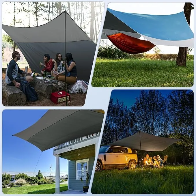 12X14FT Camping Tarp with 2 Poles, UV UPF50  Lightweight Car Awning Sun Shelter, PU3000 Waterproof Tarp for Camping, Hiking and Backpacking Trips
