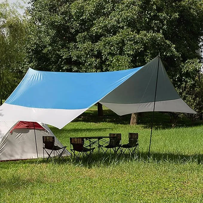 12X14FT Camping Tarp with 2 Poles, UV UPF50  Lightweight Car Awning Sun Shelter, PU3000 Waterproof Tarp for Camping, Hiking and Backpacking Trips