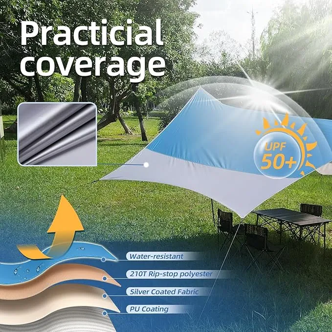 12X14FT Camping Tarp with 2 Poles, UV UPF50  Lightweight Car Awning Sun Shelter, PU3000 Waterproof Tarp for Camping, Hiking and Backpacking Trips