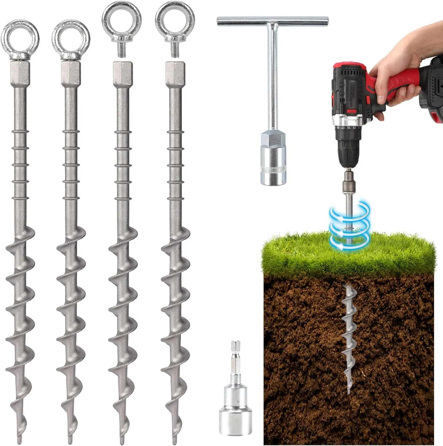 14" Ground Anchors Screw in Non-Rust Cast Aluminum Detachable Tent Stakes for Camping Tents,Sand,Trampoline,Swing Sets and Sheds（4 Packs）