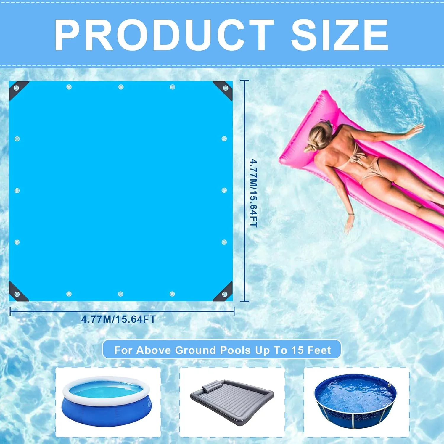 15.64 Ft Swimming Pool Ground Cloth, Square Swimming Pool Liner Pad Ground Mat for Above Ground Swimming Pools Heavy Duty Pool Ground Mat Protector Pad Pool Tarp