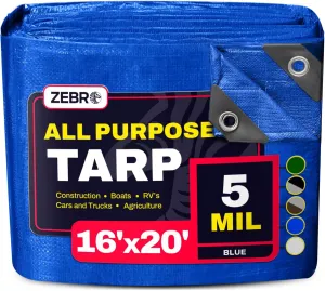 16' X 20' Blue Tarp with Grommets Reinforced - 5 Mil Thick - Durable UV Resistant Plastic Tarps Waterproof - Large Tarpaulin Cover for Outdoor Camping Over/Under Tent Tarp RV Roof Rain - Zebro
