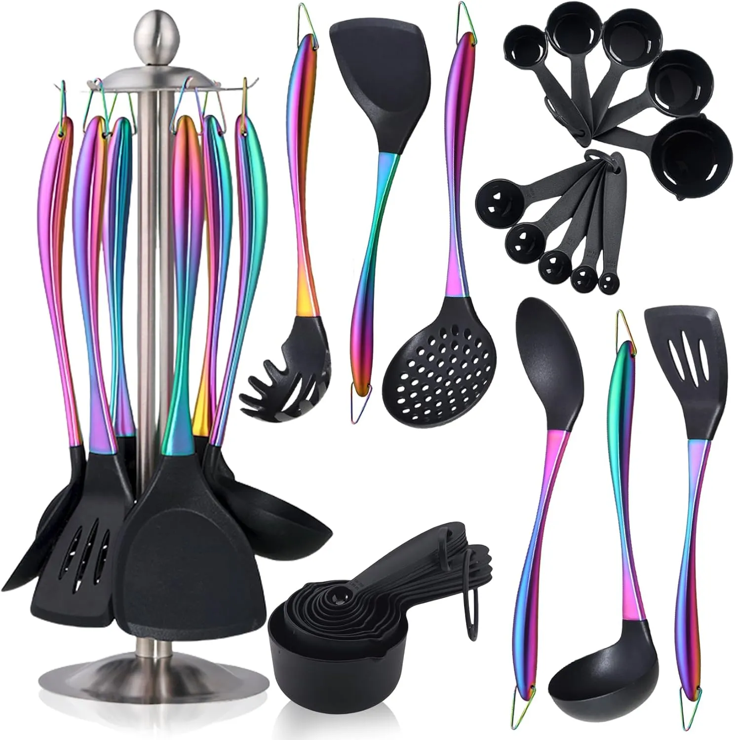 17pcs Silicone Cooking Utensils Set, Rainbow Kitchen Utensils Set with Holder, Heat Resistant Silicone Utensils for Cooking, Non-stick Spatula Set with Titanium Stainless Steel Handle, Skimmer, Ladle