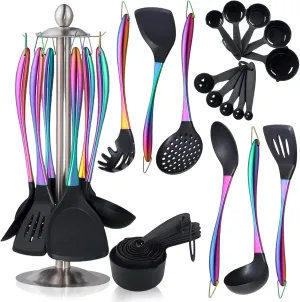 17pcs Silicone Cooking Utensils Set, Rainbow Kitchen Utensils Set with Holder, Heat Resistant Silicone Utensils for Cooking, Non-stick Spatula Set with Titanium Stainless Steel Handle, Skimmer, Ladle