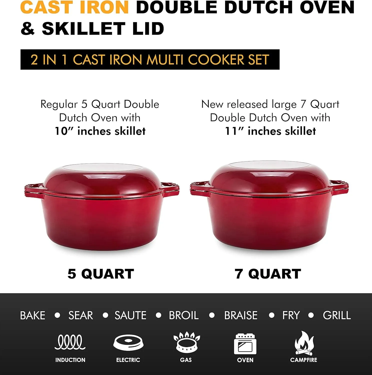2-In-1 Enameled Cast Iron Dutch Oven Pot with Handles - 7 Quart Cast Iron Skillet Lid - Oval Dutch Oven for Bread Baking, Braising, Stews and Casserole Dishes - Durable Cookware - Red