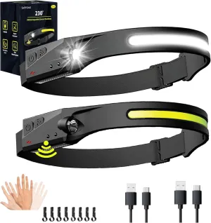 2-Pack Rechargeable LED Headlamp – 230° Wide Beam, Motion Sensor, Waterproof, Type-C Charging – Camping Essential, Flashlight & Headlight for Hiking, Running, and Work