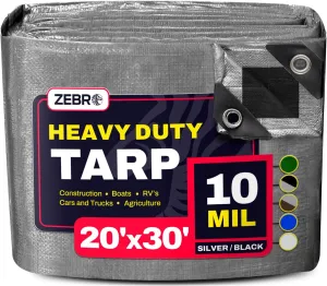 20' x 30' Silver/Black Heavy Duty Tarp with Grommets Reinforced - 10 Mil Thick - Double Sided Plastic Waterproof Tarps - Large Tarpaulin Cover for Outdoor Camping Tent Tarp RV Roof Rain - Zebro