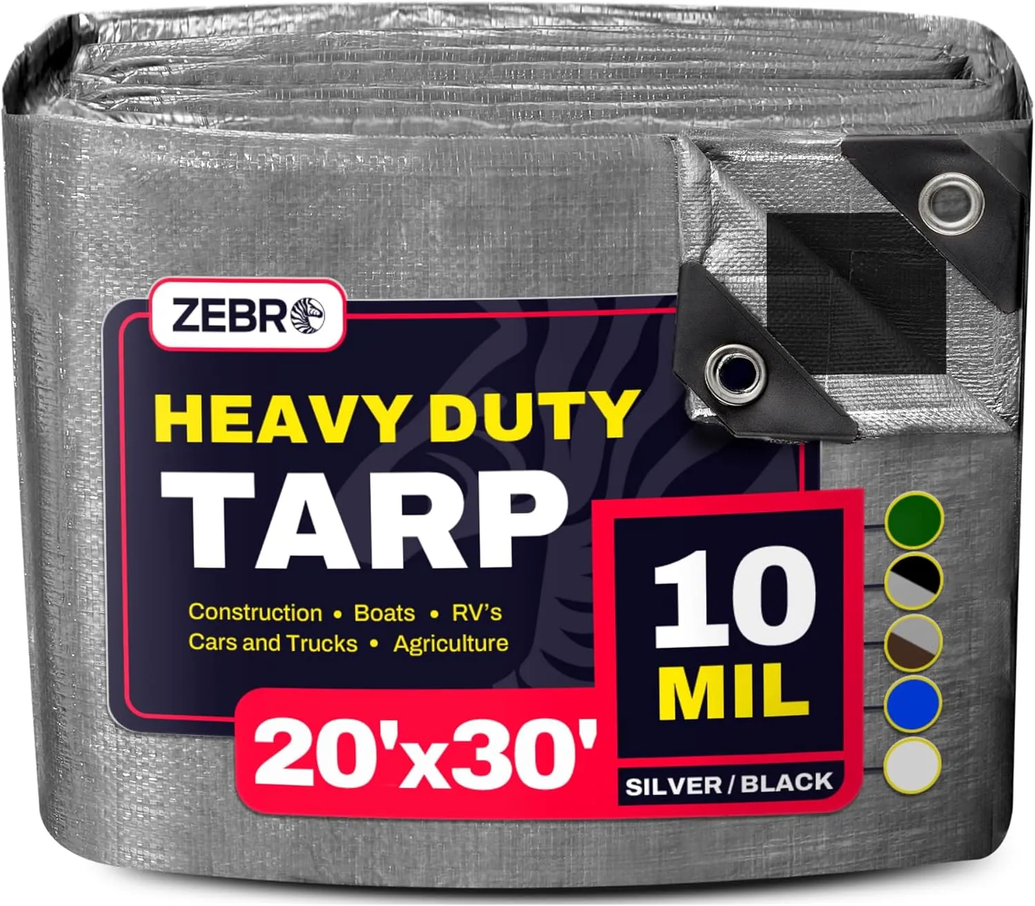 20' x 30' Silver/Black Heavy Duty Tarp with Grommets Reinforced - 10 Mil Thick - Double Sided Plastic Waterproof Tarps - Large Tarpaulin Cover for Outdoor Camping Tent Tarp RV Roof Rain - Zebro