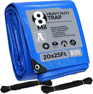 20'x25' Heavy Duty Waterproof Tarp - Multi-Purpose Blue Tarpaulin with 4 Grommets, Reinforced Edges and Nylon Paracord for Outdoor Rain Shelter, Ground Cover, Boat, RV, Car, Roof or Pool Cover