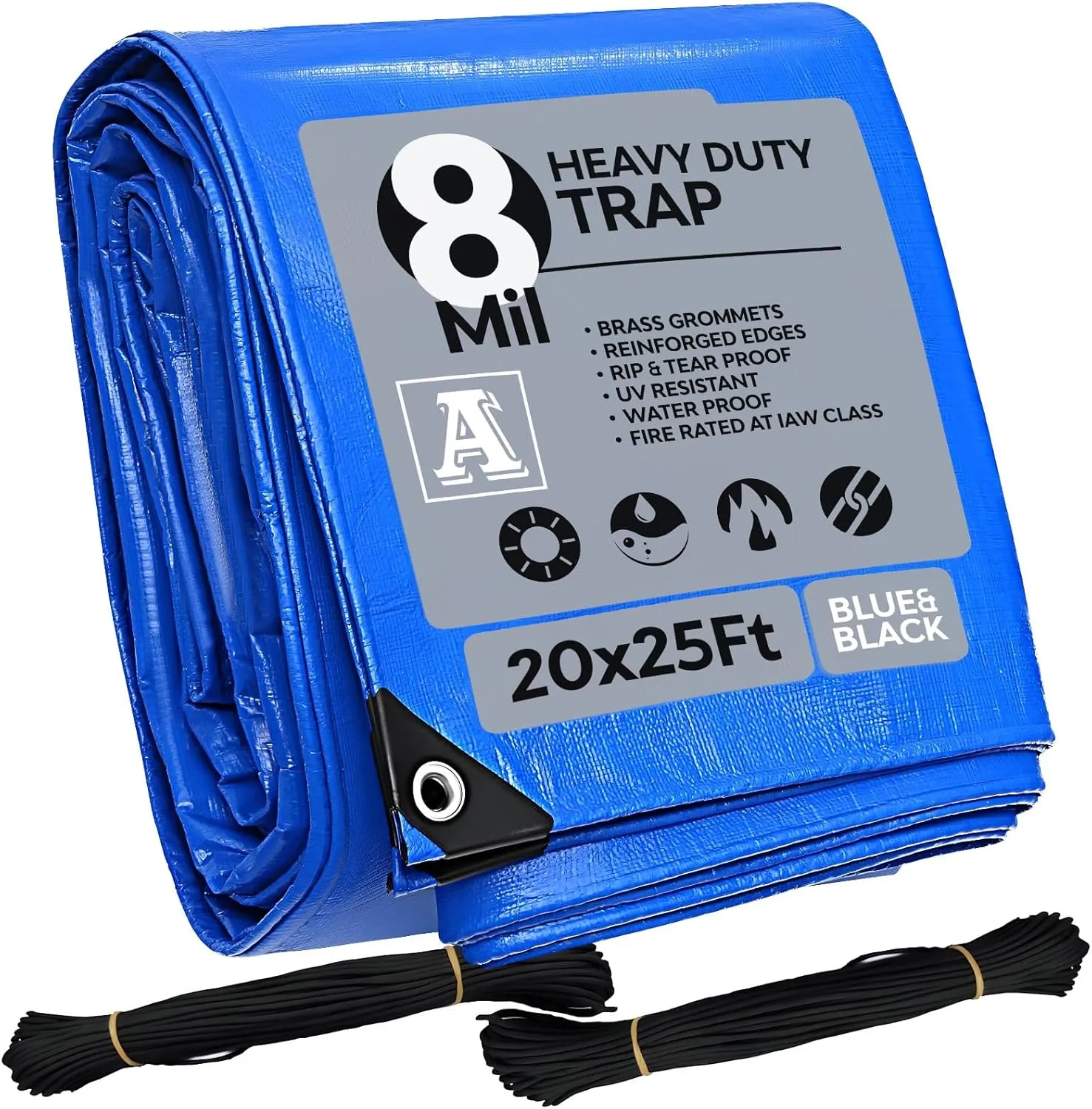 20'x25' Heavy Duty Waterproof Tarp - Multi-Purpose Blue Tarpaulin with 4 Grommets, Reinforced Edges and Nylon Paracord for Outdoor Rain Shelter, Ground Cover, Boat, RV, Car, Roof or Pool Cover