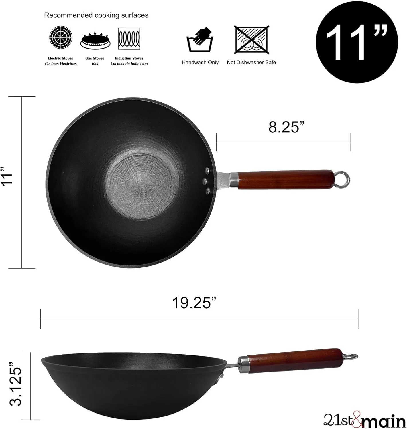 21st & Main Wok, Stir Fry Pan, Wooden Handle, 11 Inch, Lightweight Cast Iron, chef’s pan, pre-seasoned nonstick, for Chinese Japanese and other cooking