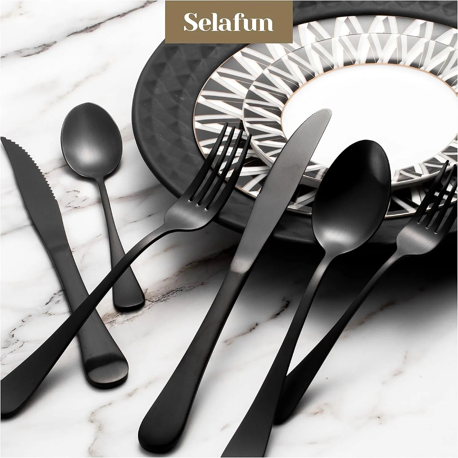 24 Piece Matte Black Flatware Set.Stainless Steel Matte Black Silverware Set Titanium Plating Tableware Cutlery Set. Utensil Set for Kitchens. Dishwasher Safe(Service for 4)