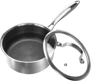 2.5QT Stainless Steel Saucepan With Lid, Honeycomb Non-stick Cooking Pot, Eco-Friendly PFOA-Free Coating, Compatible with All Cooktops, Perfect for Milk, Soup, Oatmeal & Baby Food, Dishwasher Safe
