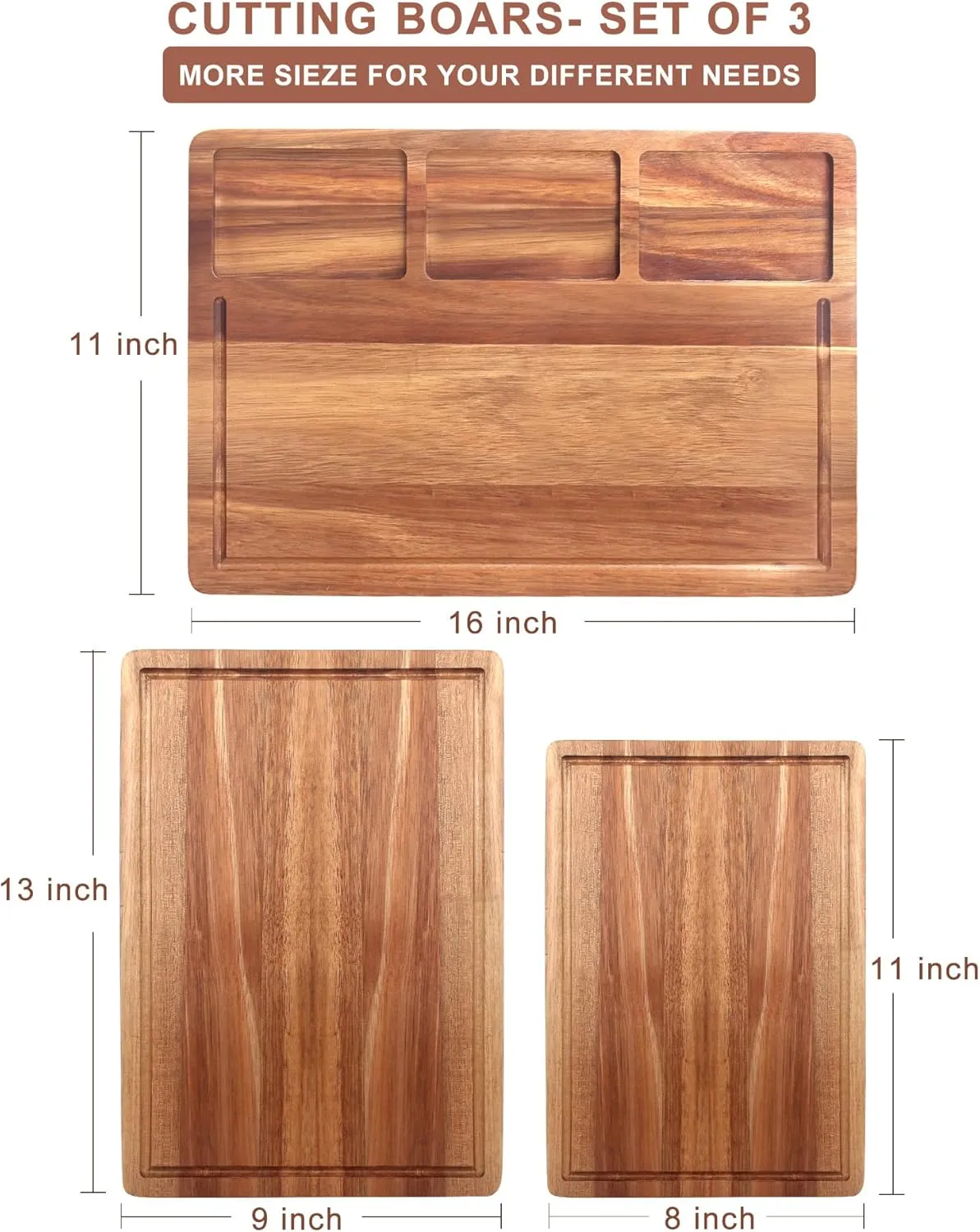 3-Pieces Large Acacia Wood Cutting Board for Kitchen Decor Charcuterie Board Set Gift Cheese Platter Fruit Meats Small Wooden Charcuterie Tray Counter Butcher Block Chopping Prep Serving Boards