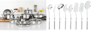 3-Ply Stainless Steel Cookware Set, 17 piece | Includes Pots & Pans, Steamer Insert & Glass Lids | Dishwasher, Oven Safe & 304 Stainless Steel Kitchen Utensil Set