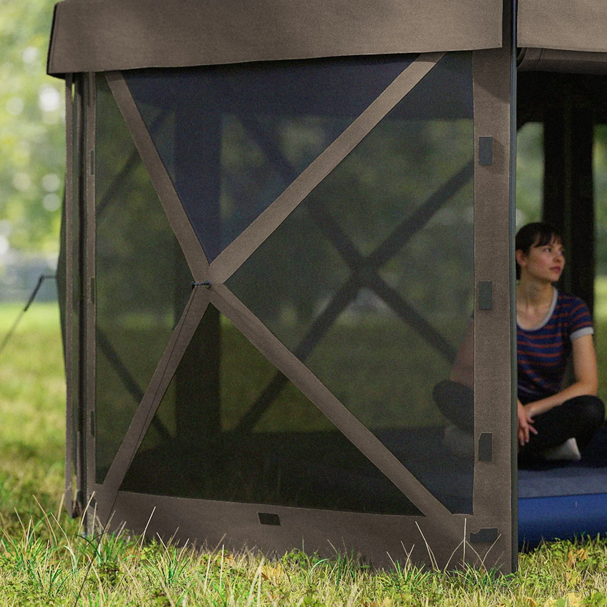 3 x 3(m) Hexagon Pop Up Gazebo with 5 Sides and Carry Bag, Waterproof, UV Resistant Party Tent Instant Event Shelter with Netting for Garden, Patio, Brown