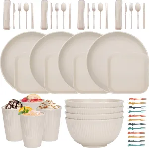 48 Pcs Dinnerware Sets, Unbreakable Plates and Bowls Sets, Reusable Dinnerware Sets for 4 People, Travel Camping Picnic Home Party Cutlery Set, Dishwasher Microwave Safe Dishes