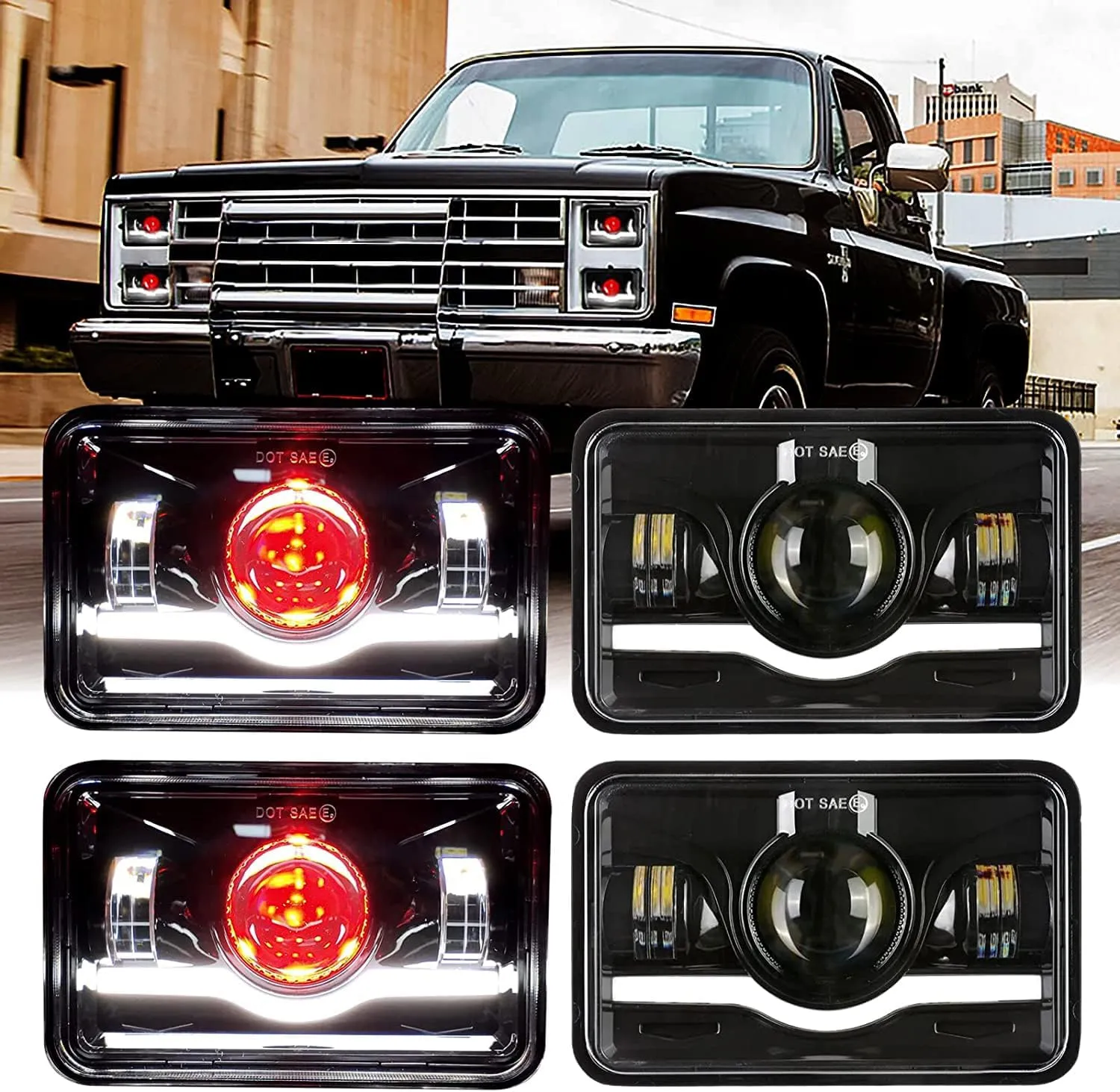4Pcs 4x6 Inch LED Headlights Dot Approved with Red Devil Eye DRL Compatible for 1986 Che-vrolet CK 10 Rectangular H4656 H4651 H4642 H4652 Peterbilt 357 378 379 XR400 XR250 XR650
