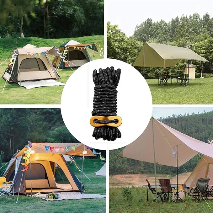 6 Pack 4mm Outdoor Guy Lines Tent Cords Reflective Canopy Wind Rope Lightweight Camping Rope with Aluminum Guylines Adjuster for Tent Tarp, Canopy Shelter, Camping, Hiking, Backpacking (Black)