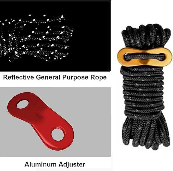 6 Pack 4mm Outdoor Guy Lines Tent Cords Reflective Canopy Wind Rope Lightweight Camping Rope with Aluminum Guylines Adjuster for Tent Tarp, Canopy Shelter, Camping, Hiking, Backpacking (Black)