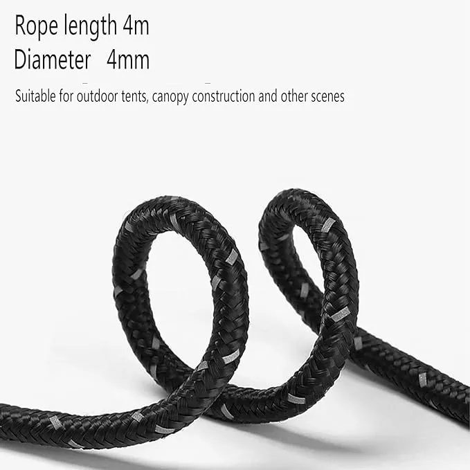 6 Pack 4mm Outdoor Guy Lines Tent Cords Reflective Canopy Wind Rope Lightweight Camping Rope with Aluminum Guylines Adjuster for Tent Tarp, Canopy Shelter, Camping, Hiking, Backpacking (Black)