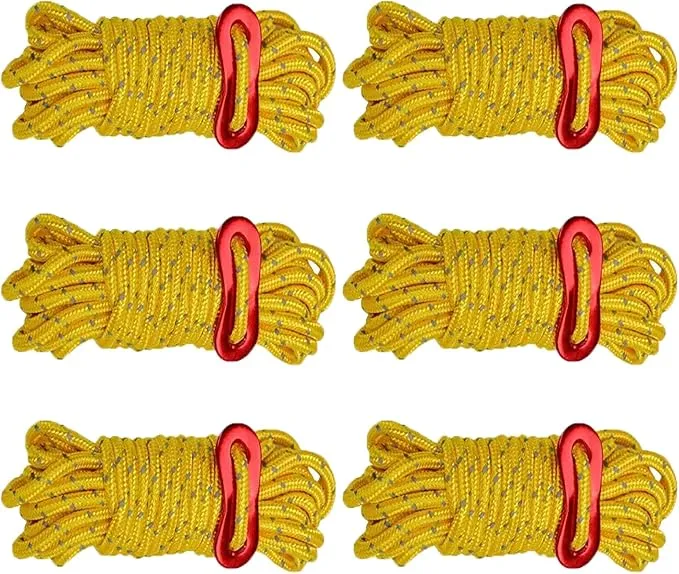 6 Pack 4mm Outdoor Guy Lines Tent Cords Reflective Canopy Wind Rope Lightweight Camping Rope with Aluminum Guylines Adjuster for Tent Tarp, Canopy Shelter, Camping, Hiking, Backpacking (yellow)