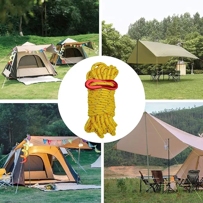 6 Pack 4mm Outdoor Guy Lines Tent Cords Reflective Canopy Wind Rope Lightweight Camping Rope with Aluminum Guylines Adjuster for Tent Tarp, Canopy Shelter, Camping, Hiking, Backpacking (yellow)