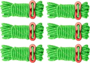 6 Pack 4mm Outdoor Guy Lines Tent Cords Reflective Canopy Wind Rope Lightweight Camping Rope with Aluminum Guylines Adjuster for Tent Tarp, Canopy Shelter, Camping, Hiking, (Bright Green)