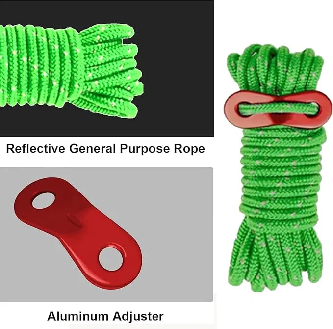 6 Pack 4mm Outdoor Guy Lines Tent Cords Reflective Canopy Wind Rope Lightweight Camping Rope with Aluminum Guylines Adjuster for Tent Tarp, Canopy Shelter, Camping, Hiking, (Bright Green)