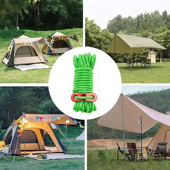 6 Pack 4mm Outdoor Guy Lines Tent Cords Reflective Canopy Wind Rope Lightweight Camping Rope with Aluminum Guylines Adjuster for Tent Tarp, Canopy Shelter, Camping, Hiking, (Bright Green)