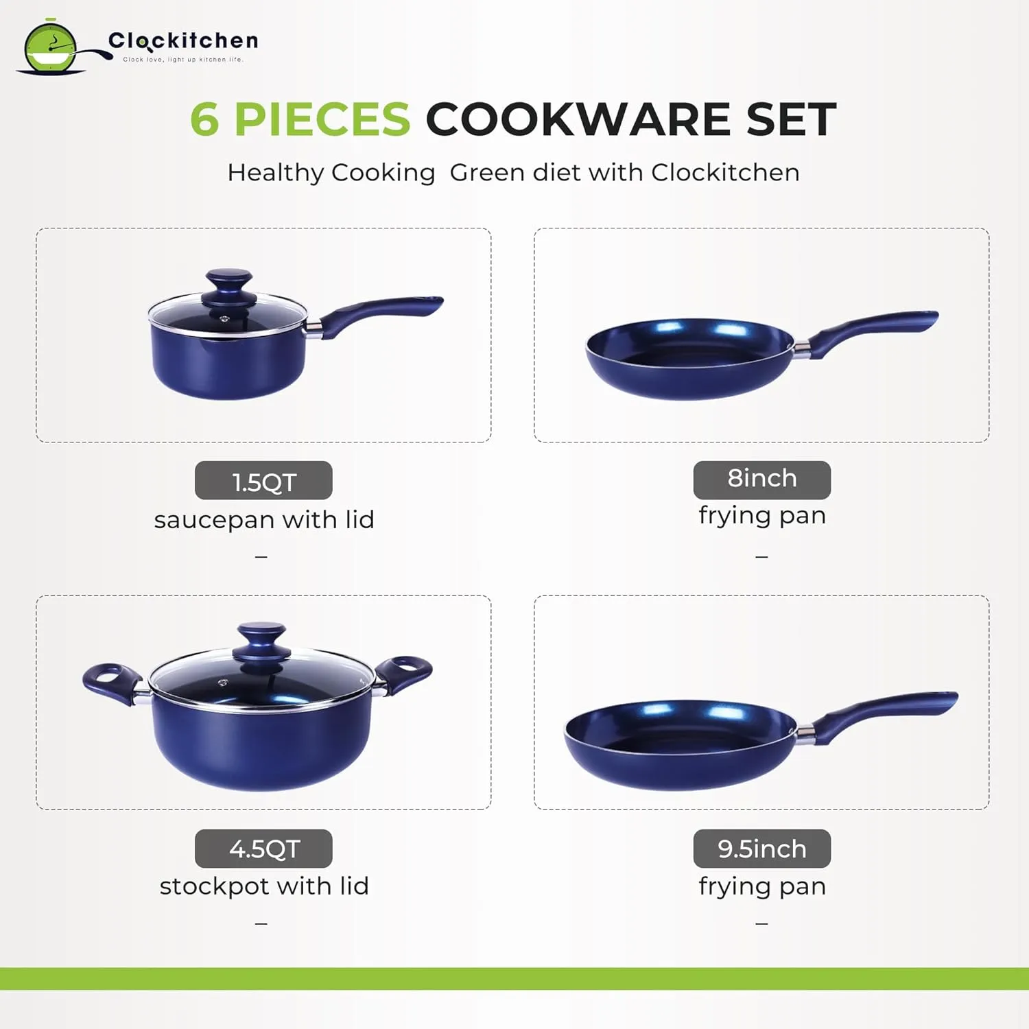 6 Pieces Pots and Pans Set,Aluminum Cookware Set, Nonstick Ceramic Coating, Fry Pan, Stockpot with Lid, Blue
