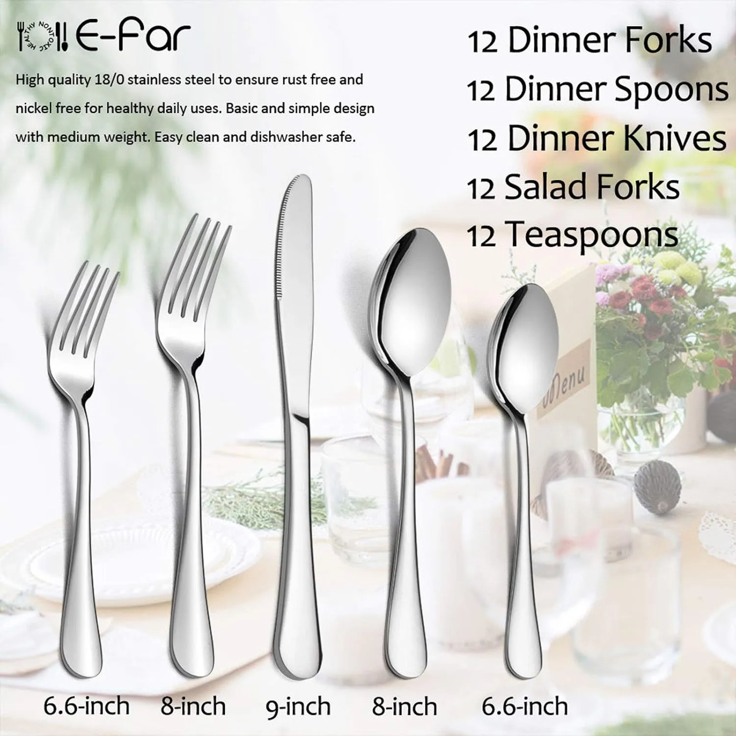 60-Piece Silverware Flatware Set, E-far Stainless Steel Dinner Cutlery Utensil Set Service for 12, Suitable for Home/Restaurant/Hotel/Party, Simple Design, Mirror Finished - Dishwasher Safe