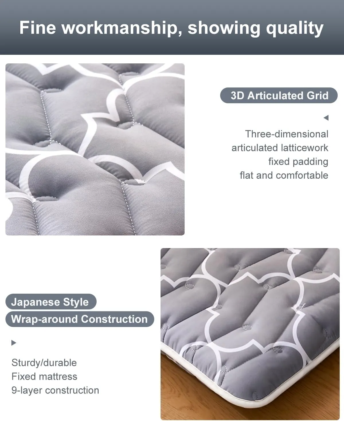 6th Generation Japanese Floor Futon Mattress - Extra-Thick 9-Layer Modern Futon with 100% High-Density Foam, Portable Floor Mattress Sleeping Pad for Adults, Guest Room, Dormitory, Twin Size 75"x39"