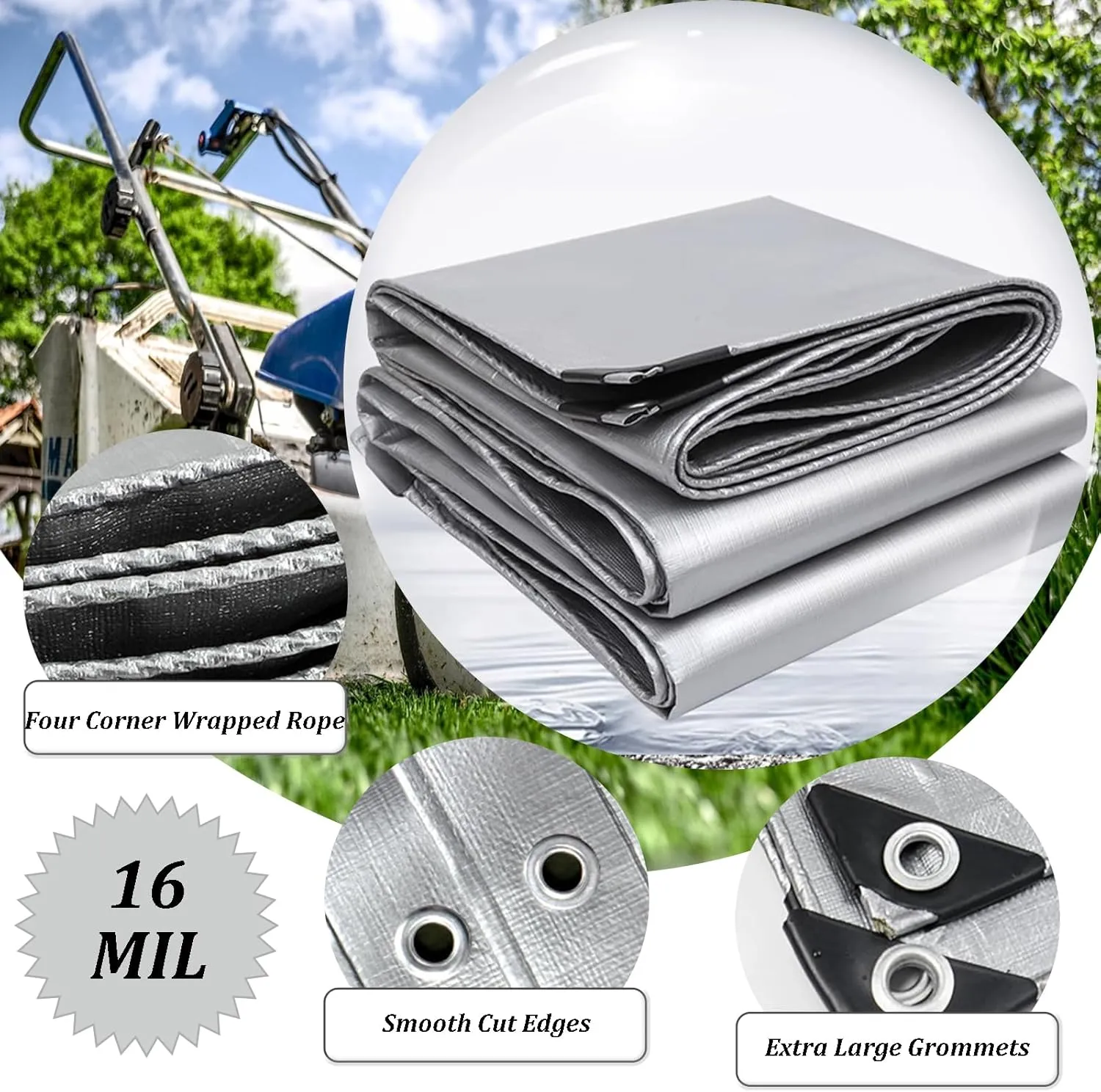 6x10Ft Tarps 16 MIL Poly Canopy Shelter Cover Tarp Reinforced Edges Waterproof UV Resistant, Tear and Color Fade Resistant, for Home, Boats, Cars, Camp, Outdoor Pool Silver Black